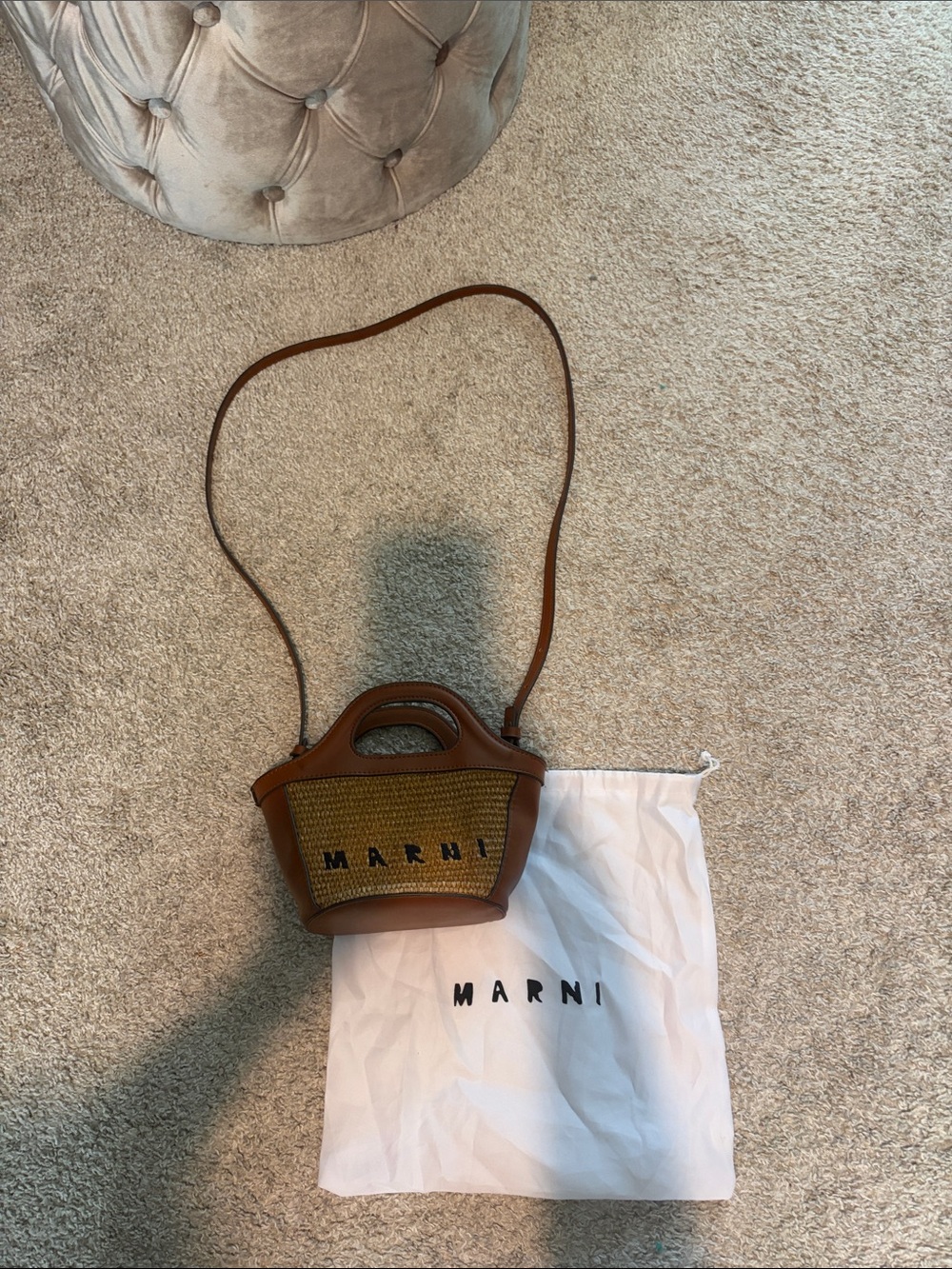 Marni Brown Leather and Woven Mini Crossbody with Top Handle